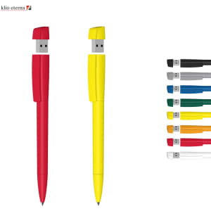 A USB pen in red and yellow, featuring solid plastic designs, alongside a variety of other coloured USB pens.