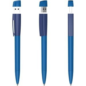 A blue solid plastic USB pen featuring a 16GB flash drive, displayed from three angles. It has a logo.