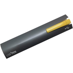 A grey USB pen with a yellow cap, featuring a logo and designed as a 16GB flash drive.