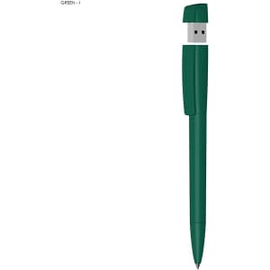 A green USB pen with a solid plastic design and a retractable pen tip, featuring a built-in USB connector.