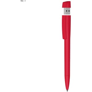 A red USB pen with a solid plastic design, featuring a retractable pen tip and a USB connector.