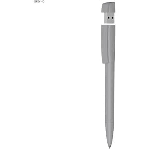 A grey USB pen with a 16GB capacity, designed as a solid plastic flash drive, featuring a retractable ballpoint tip.
