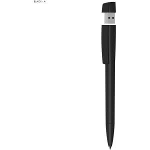 A black pen with a retractable USB connector, featuring a solid plastic design. It has a logo on the body.