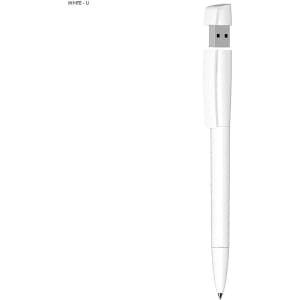A white USB pen featuring a 16GB storage capacity and a retractable design. The pen includes a branding logo.
