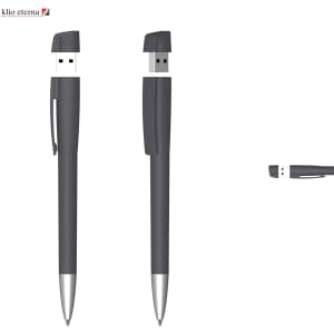 A USB pen in grey with a soft grip, featuring a USB connector and a clip for easy portability.