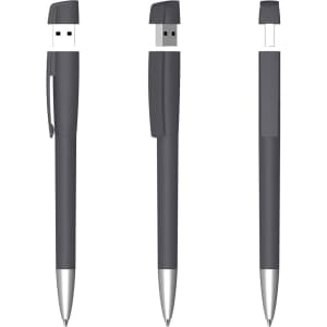 A USB pen in black with a soft grip, featuring a retractable design and a silver clip.