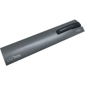 A USB pen in grey with a soft grip design, featuring a USB connection and branding.