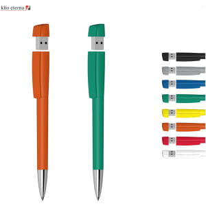 A USB pen with a metal tip in orange and green, alongside additional pens in various colours. It features a logo.