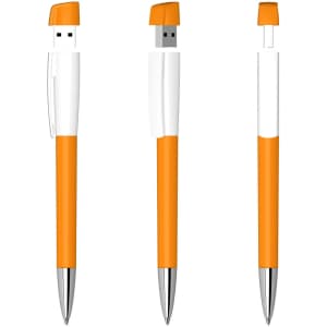 A USB pen in orange and white, featuring a metal tip and a retractable USB connector.