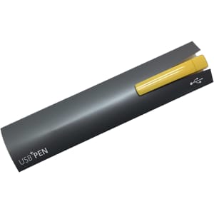 A USB pen drive with a yellow tip on a grey casing, featuring a logo and a USB connector.