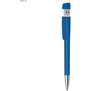 A blue USB pen with a metal tip featuring a USB connector at the top. It has a branded logo.