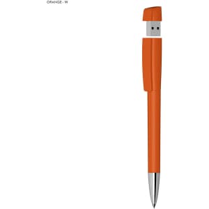 An orange USB pen with a metal tip, featuring a USB connector and a clip design.