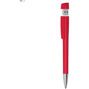 A red USB pen drive with a metal tip and a compact design. It features a simple, sleek body and has a logo.