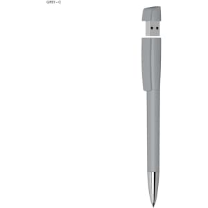 A grey USB pen with a metal tip and a logo, featuring a retractable design for the USB connector.