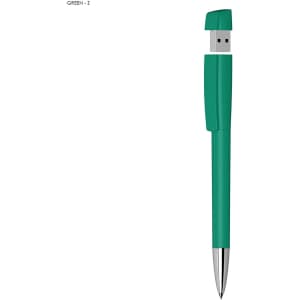 A green USB pen with a metal tip, featuring a logo on its surface. It has a standard USB connector.