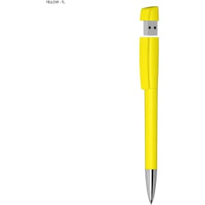 A yellow USB pen with a metal tip, featuring a logo, designed as a 16GB flash drive.
