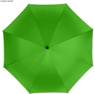A green golf umbrella with a central button and spokes, featuring a solid colour design.