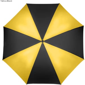 A yellow and black golf umbrella featuring a solid colour pattern and a central hub with a logo.