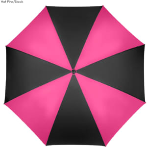 A golf umbrella in hot pink and black, featuring a modern design and a logo on the handle.
