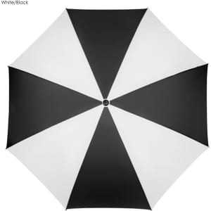 A black and white umbrella with a geometric pattern, featuring a central hub and a logo.