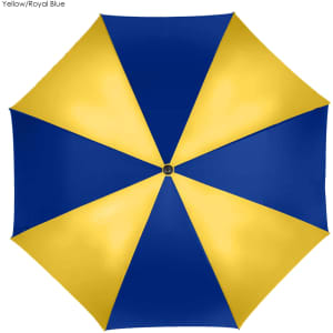 A golf umbrella featuring a yellow and royal blue design with a central mechanism and a branding logo.