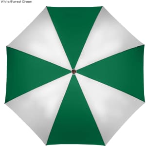 A golf umbrella in white and forest green, featuring an eight-panel design and a central hub.