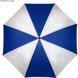 A golf umbrella featuring a white and royal blue design with eight segments and a central wooden handle.