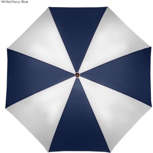 A navy blue and white golf umbrella with an octagonal design, featuring a central wooden handle and a logo.