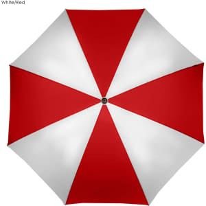 A red and white golf umbrella featuring an octagonal design and a central silver button.