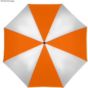A large golf umbrella in white and orange, featuring a segmented design with alternating colours. It includes a logo.