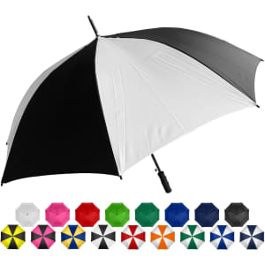 A black and white golf umbrella with a curved handle, accompanied by a variety of colourful umbrellas in a row below.
