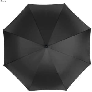 A black golf umbrella with a smooth canopy and a central hub, featuring a simple design and a logo.