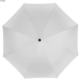 A white golf umbrella with a central handle and a simple design. It features a logo on the handle.