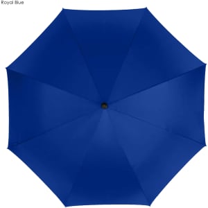 A royal blue golf umbrella with a classic octagonal shape and a central opening mechanism. Features a logo.