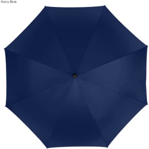 A navy blue golf umbrella featuring a circular design and a central opening mechanism. It has a branding logo on the handle.