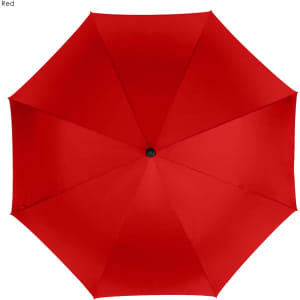 A red golf umbrella with a smooth canopy and a central opening mechanism, featuring a logo.