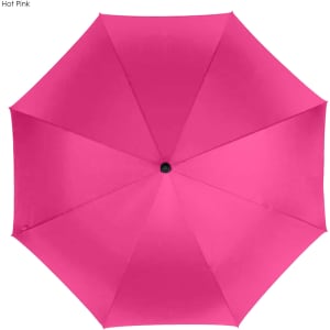 A hot pink golf umbrella with a black centre button, featuring eight panels and a sleek design.