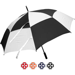A black and white golf umbrella with a curved handle and a logo, featuring four colour options below.