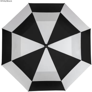 A black and white golf umbrella with a geometric design and a central handle, featuring a logo.