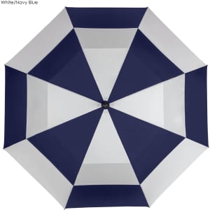 A navy blue and white umbrella with a geometric design and a central button, featuring a logo.