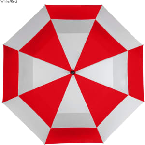 A red and white golf umbrella featuring an octagonal design and a central black mechanism. It has a logo on the handle.