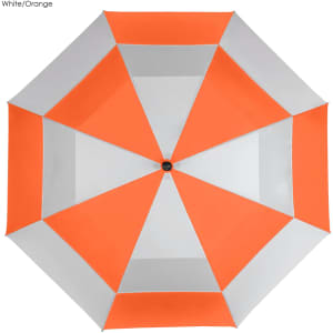 A large umbrella featuring an orange and white panel design, with a central black knob and a logo on the handle.