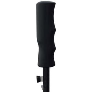 A black golf umbrella handle featuring a textured grip and a locking mechanism for stability.