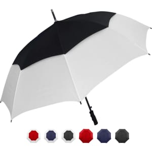 A black and white umbrella with a curved handle, featuring multiple colour options below it, including red and navy.