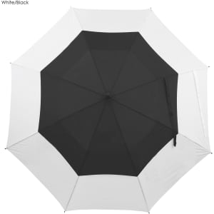 A black and white umbrella with an open canopy, featuring a central hub and a strap. It has a branded logo.