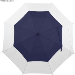 A navy blue and white umbrella with an eight-panel design, featuring a centre handle and a branding logo.