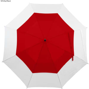 A red and white umbrella featuring an octagonal shape and a central button. It includes a branding logo.