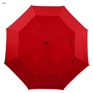 A red umbrella with a large canopy, featuring eight panels and a central handle. It has a simple design and a logo.