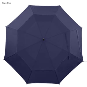 A navy blue umbrella featuring an octagonal design and a central black hub. It has a solid fabric covering and no visible branding.