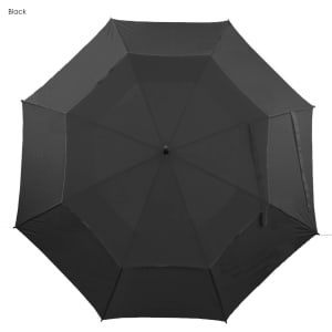A black umbrella with an octagonal shape and a central support hub. The material appears smooth and durable.